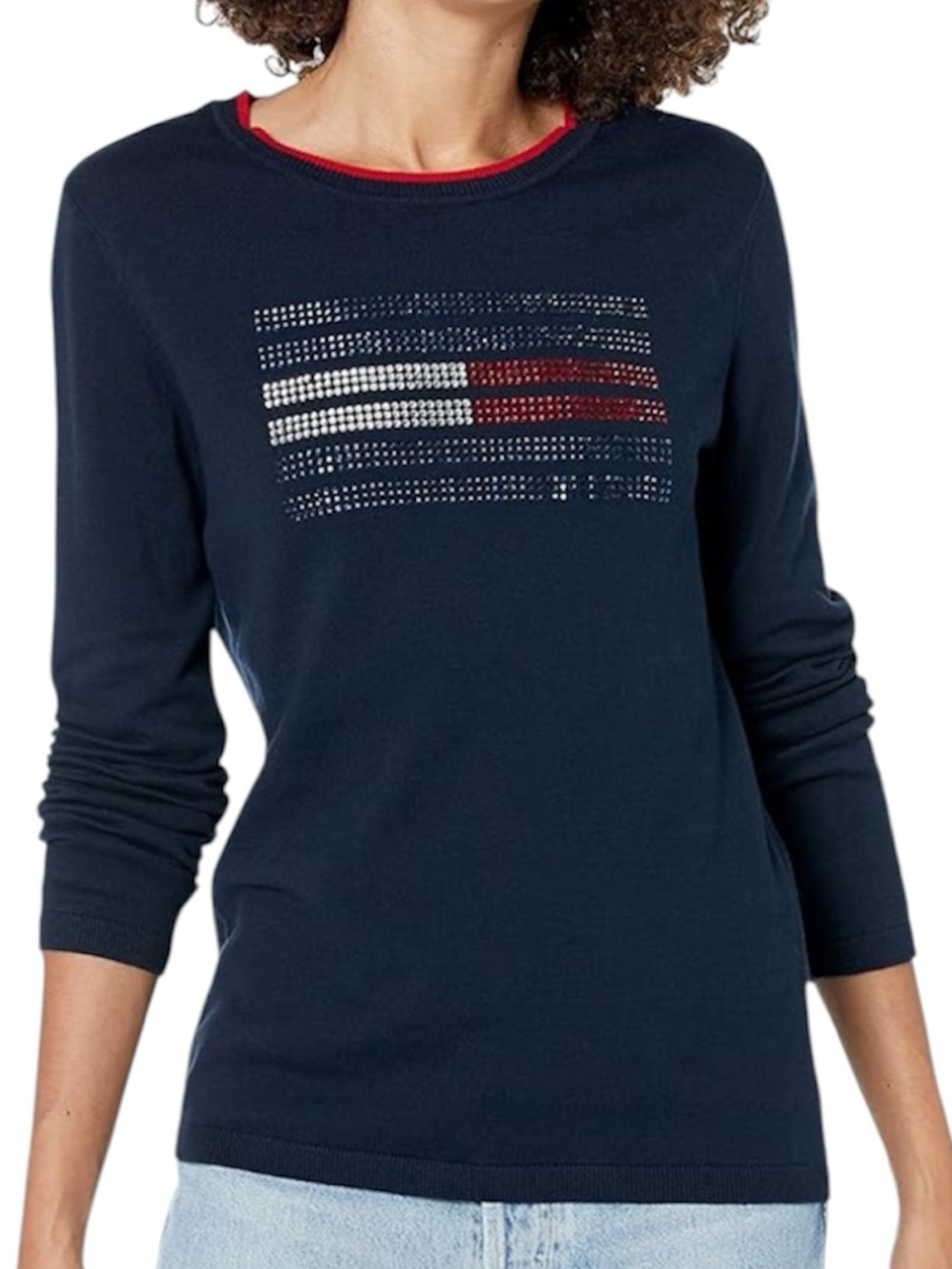 Tommy Hilfiger Ivy Flag Sweater Womens Large Rhinestone Embellished USA Navy NWT